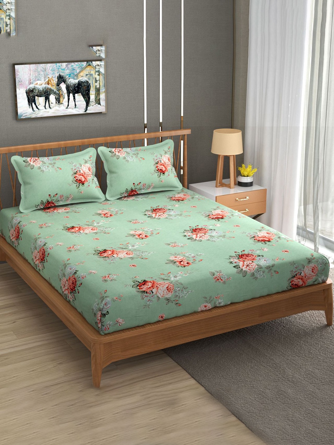 Bajo's Green & Orange Floral 250 TC Cotton King Bedsheet with 2 Pillow Covers