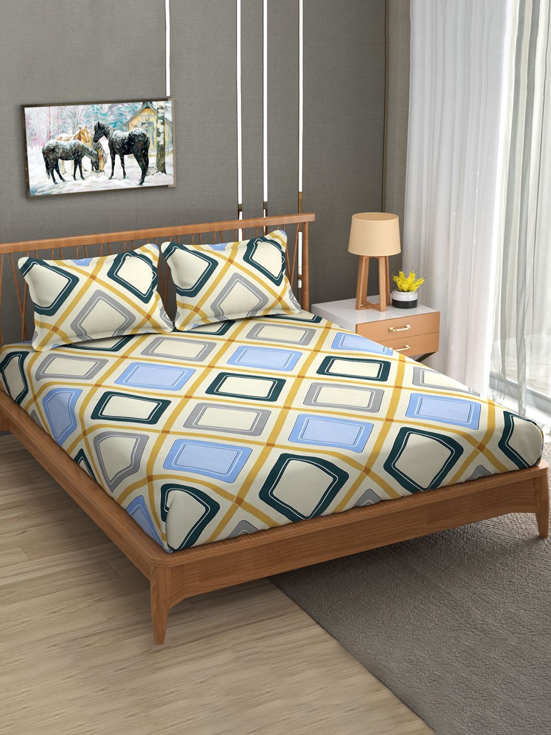 

Bajo's Yellow & Blue Geometric 250 TC Fitted Cotton King Bedsheet with 2 Pillow Covers