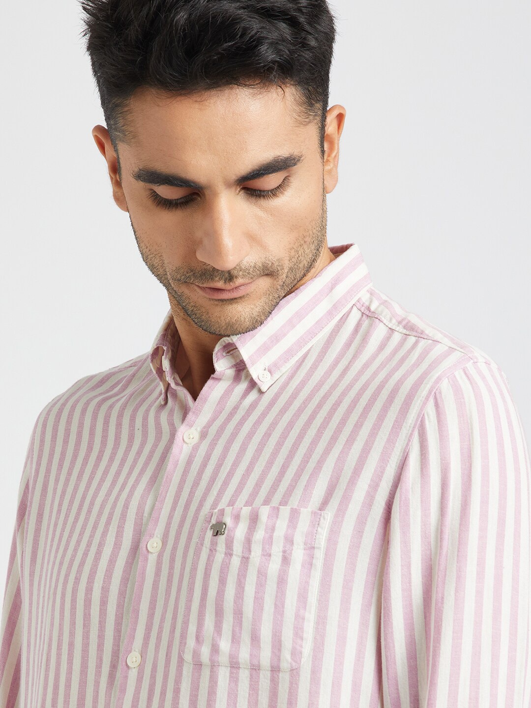 

THE BEAR HOUSE Slim Fit Vertical Striped Button-Down Collar Cotton Linen Casual Shirt, Pink