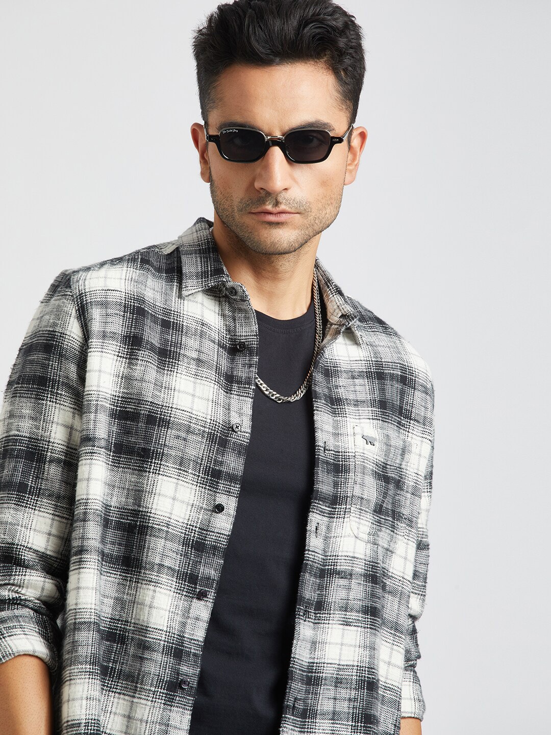 

THE BEAR HOUSE Slim Fit Tartan Checked Flannel Pure Cotton Casual Shirt, Black
