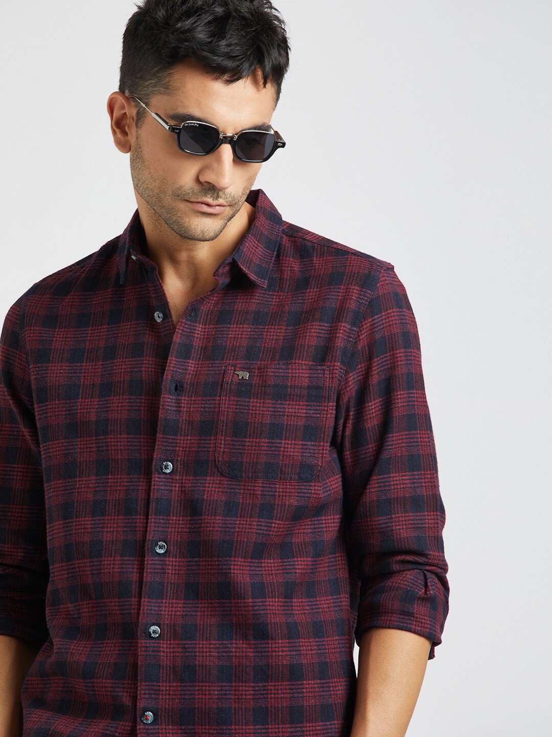 

THE BEAR HOUSE Slim Fit Tartan Checked Flannel Pure Cotton Casual Shirt, Navy blue