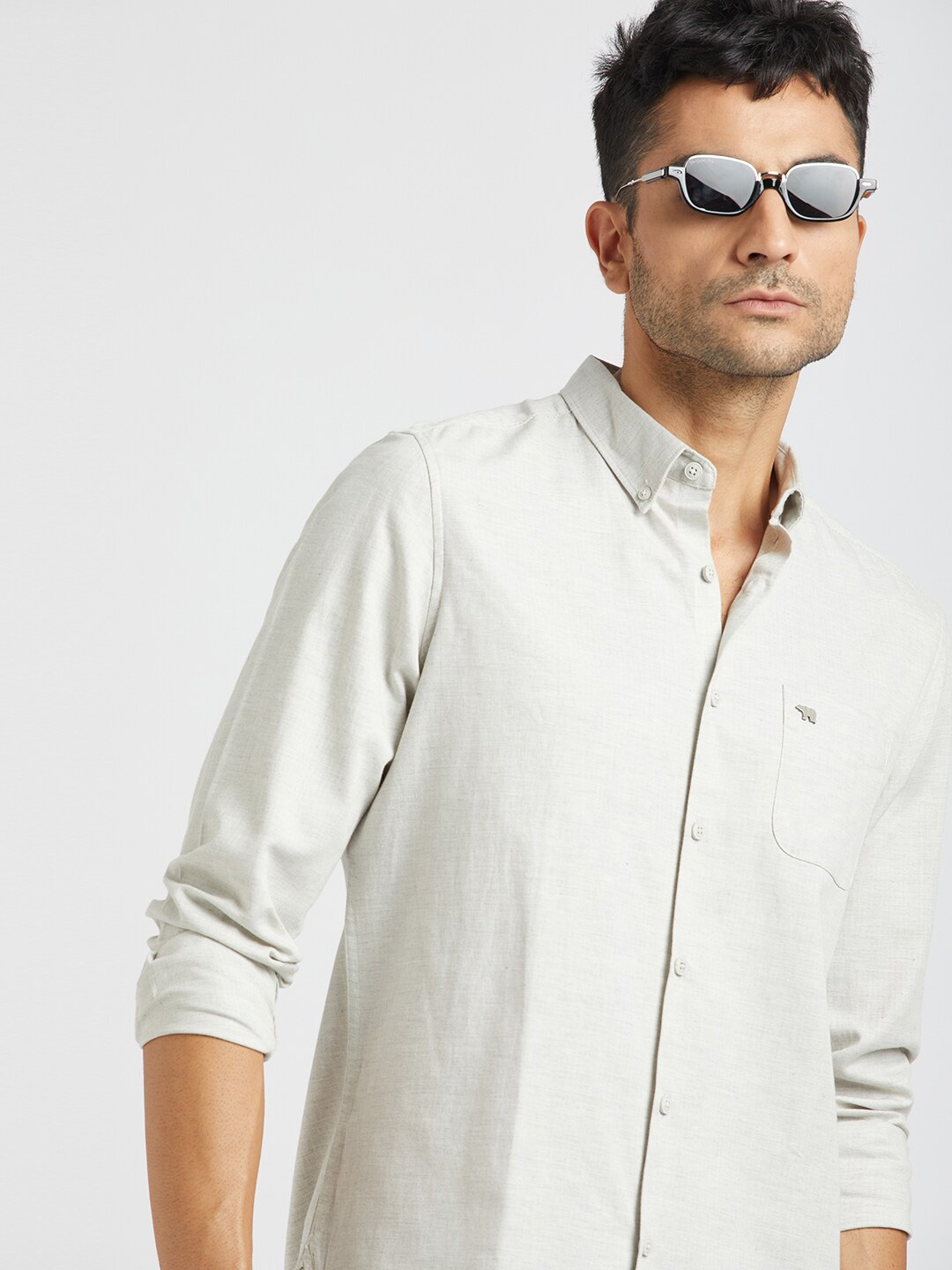 

THE BEAR HOUSE Slim Fit Button-Down Collar Pure Cotton Casual Shirt, Grey
