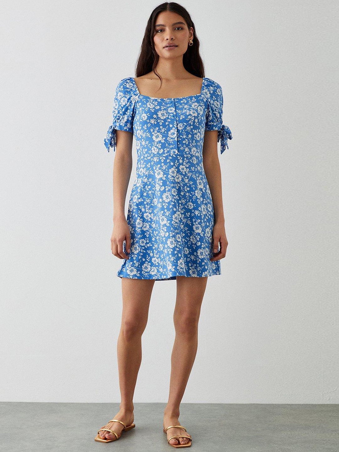 

DOROTHY PERKINS Floral Print Puff Sleeves A-Line Mini Dress, Blue