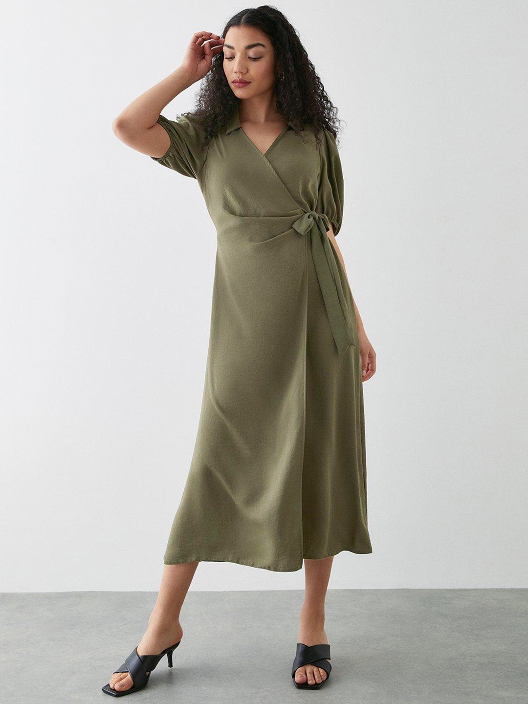 

DOROTHY PERKINS Puff Sleeves Wrap Midi Dress, Olive
