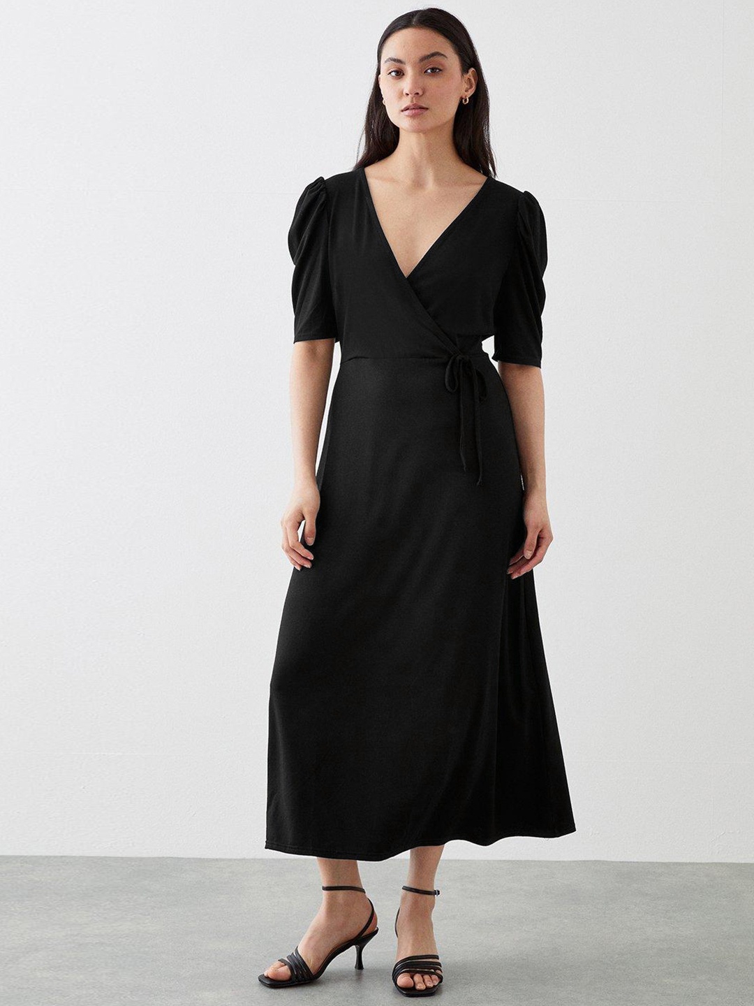 

DOROTHY PERKINS Petite Puff Sleeves Wrap Midi Dress, Black