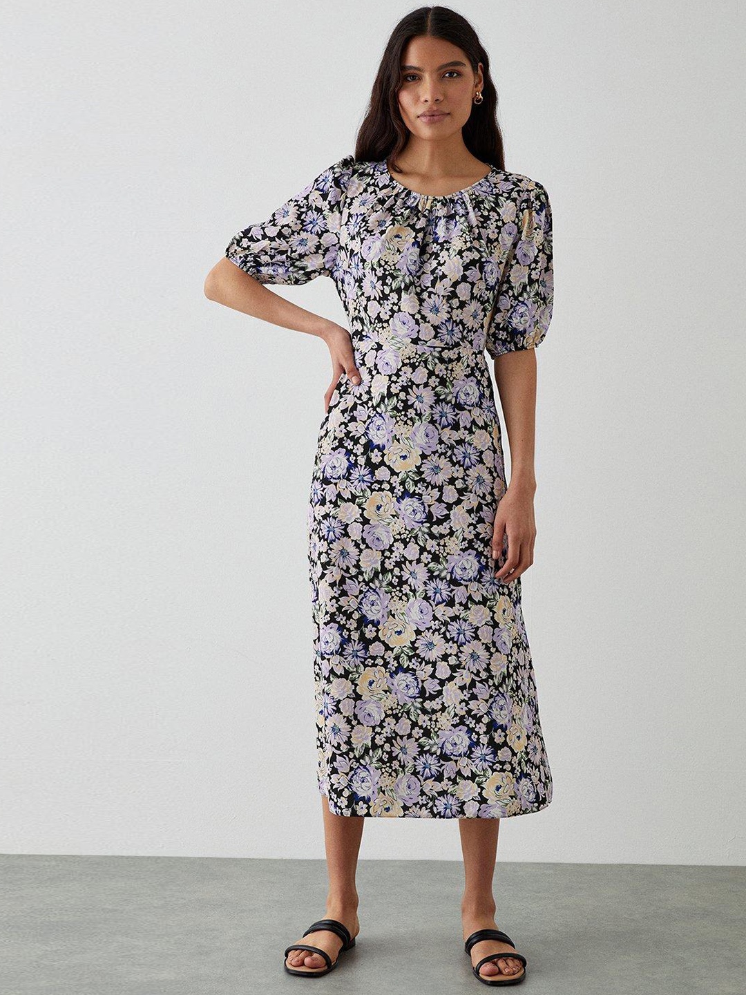 

DOROTHY PERKINS Floral Print Puff Sleeves A-Line Midi Dress, Black