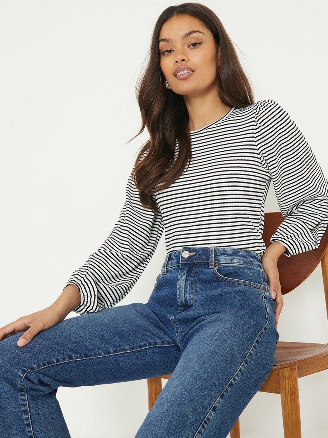 

DOROTHY PERKINS Petite Striped Puff Sleeve Top, Black