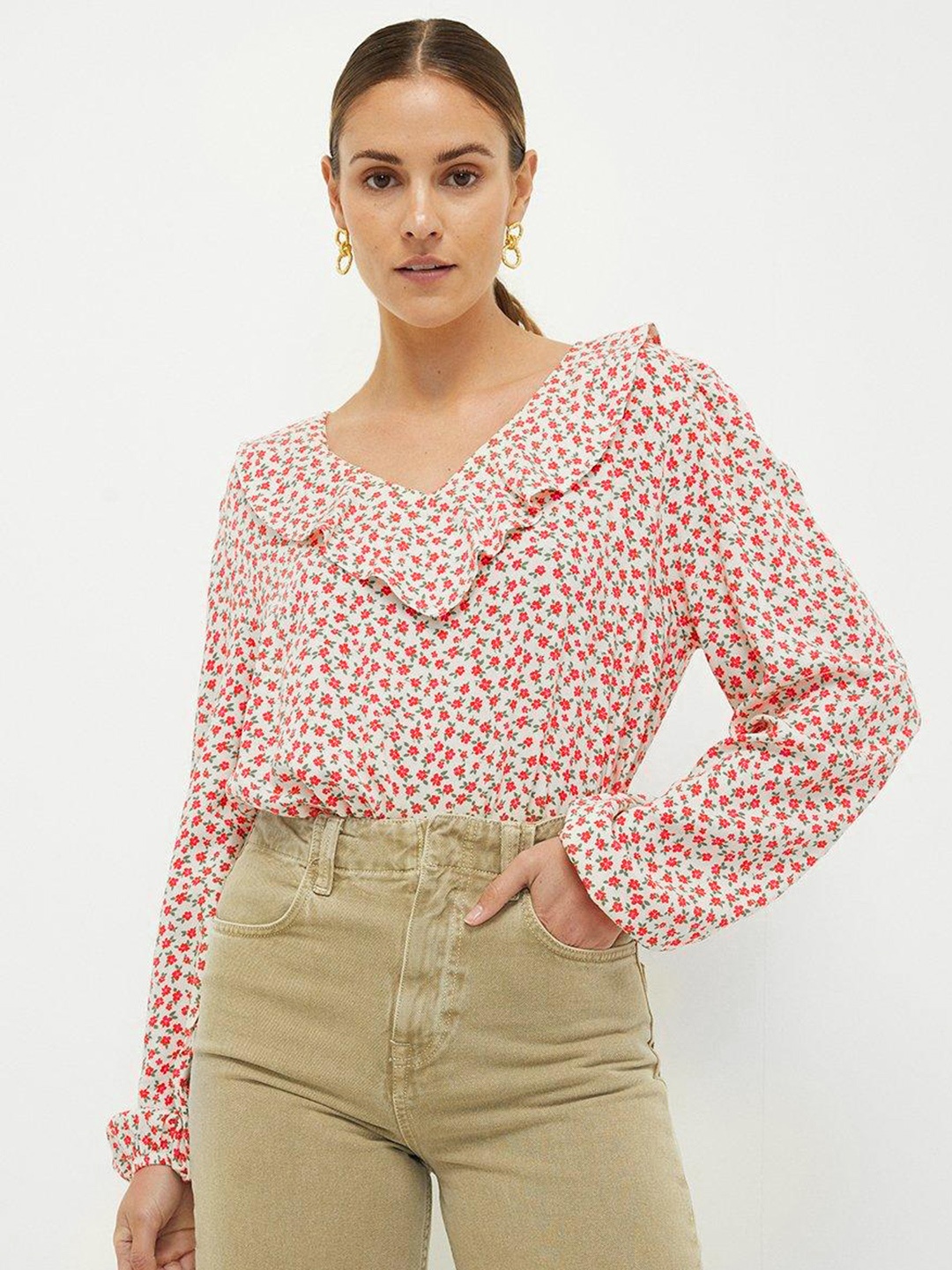 

DOROTHY PERKINS Floral Print Puff Sleeves Ruffles Top, Off white