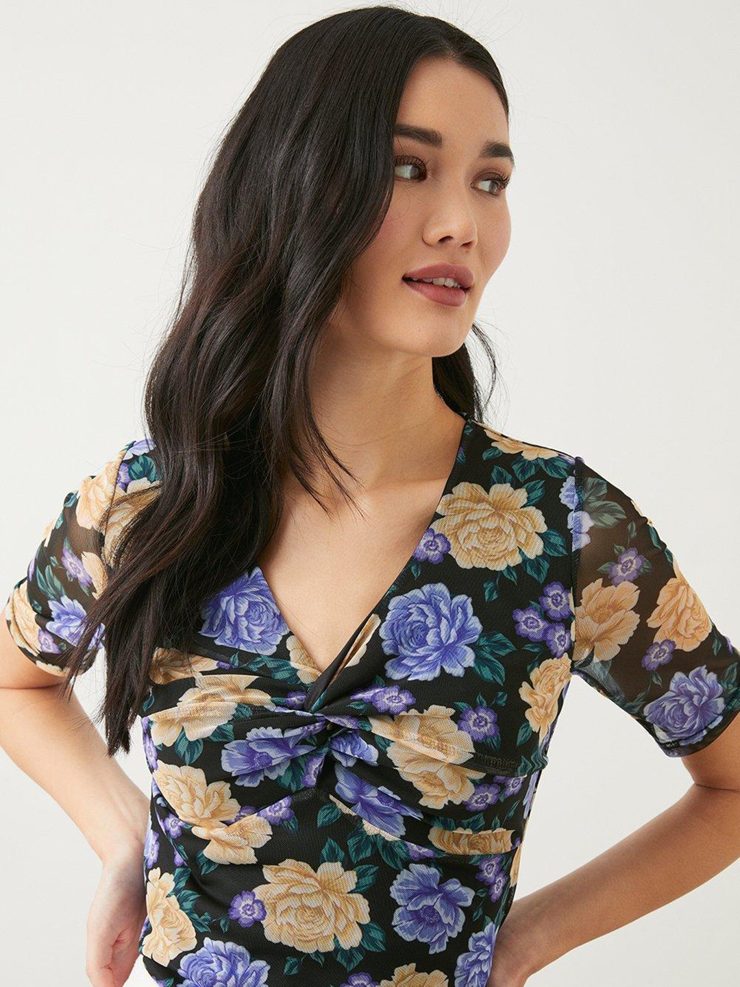 

DOROTHY PERKINS Floral Print Twisted Top, Black