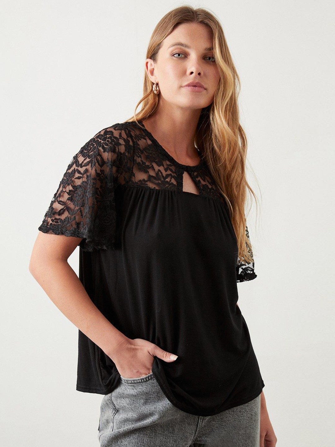 

DOROTHY PERKINS Lace Inserted Keyhole Neck Top, Black