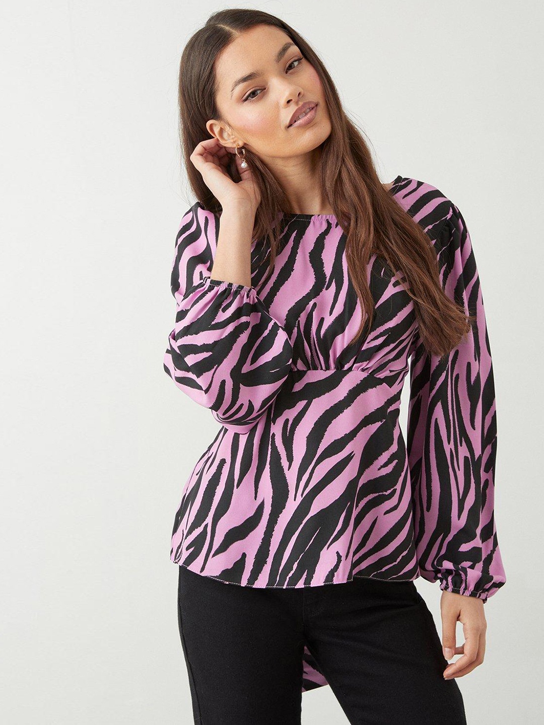 

DOROTHY PERKINS Petite Animal Print Tie-Up Bishop Sleeves Top, Pink