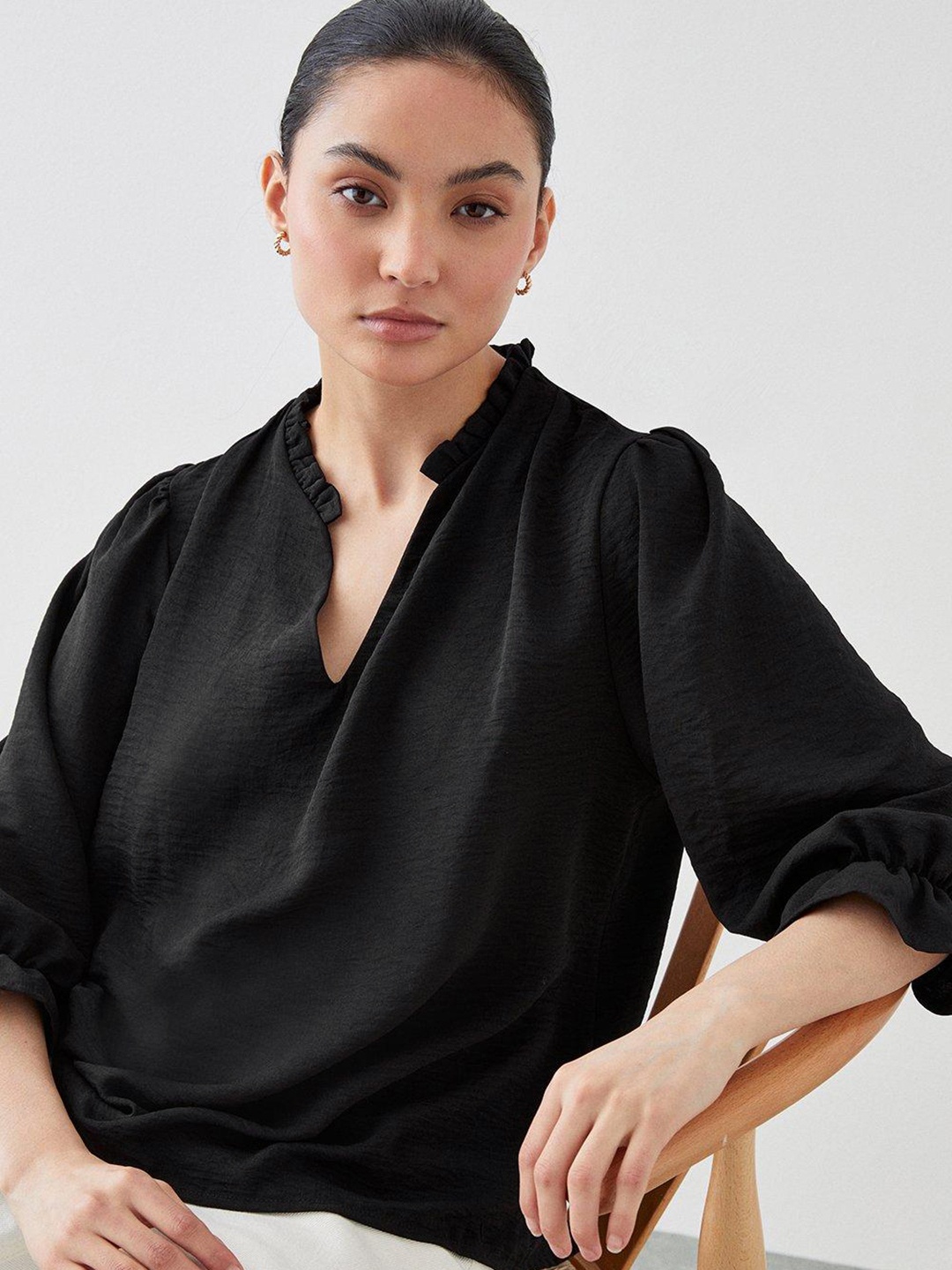 

DOROTHY PERKINS Petite Mandarin Collar Puff Sleeves Top, Black