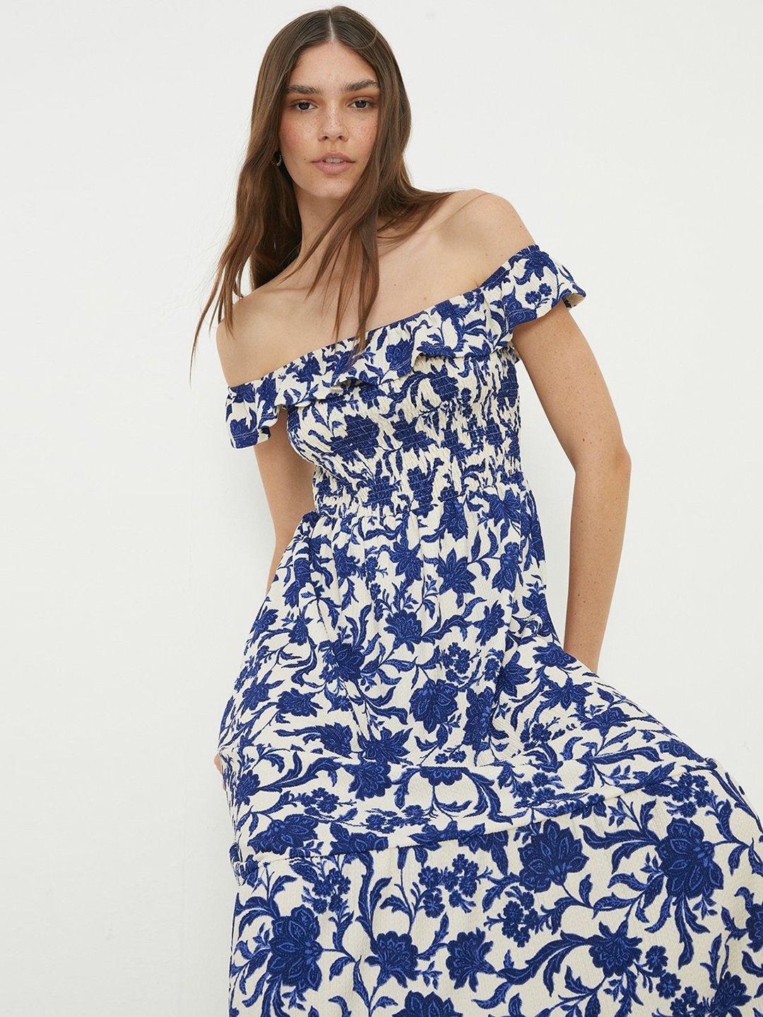 

DOROTHY PERKINS Floral Print Ruffled Bardot Midi Dress, Blue