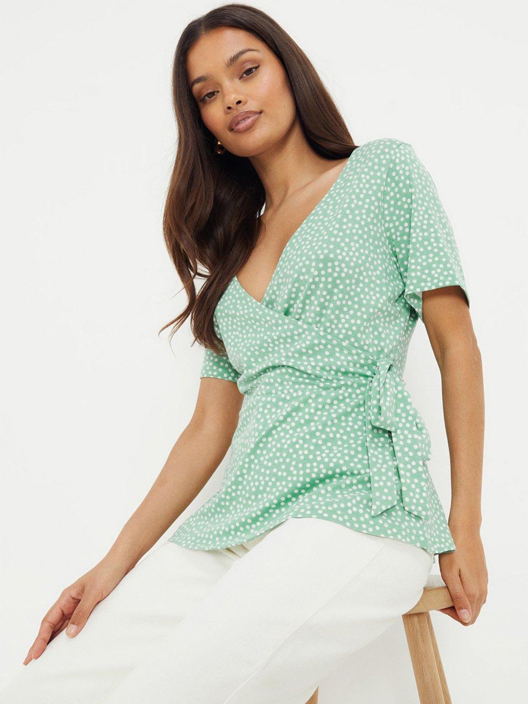 

DOROTHY PERKINS Petite Geometric Print Wrap Top, Green