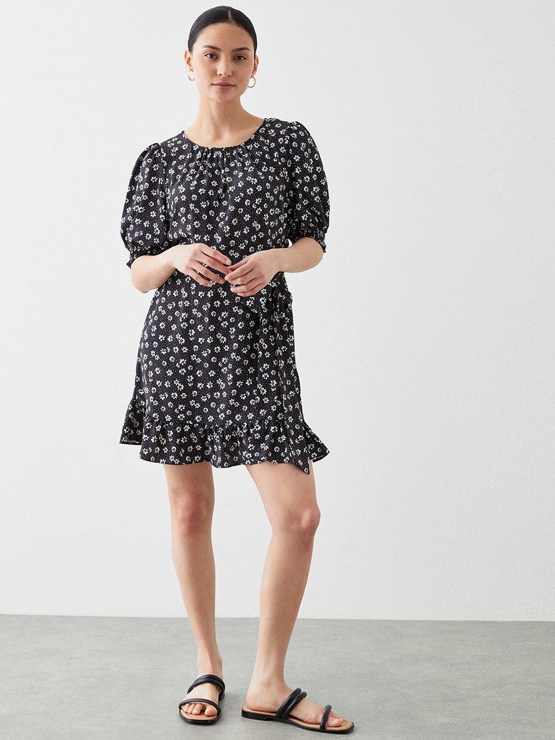 

DOROTHY PERKINS Petite Floral Print Puff Sleeve A-Line Dress, Black