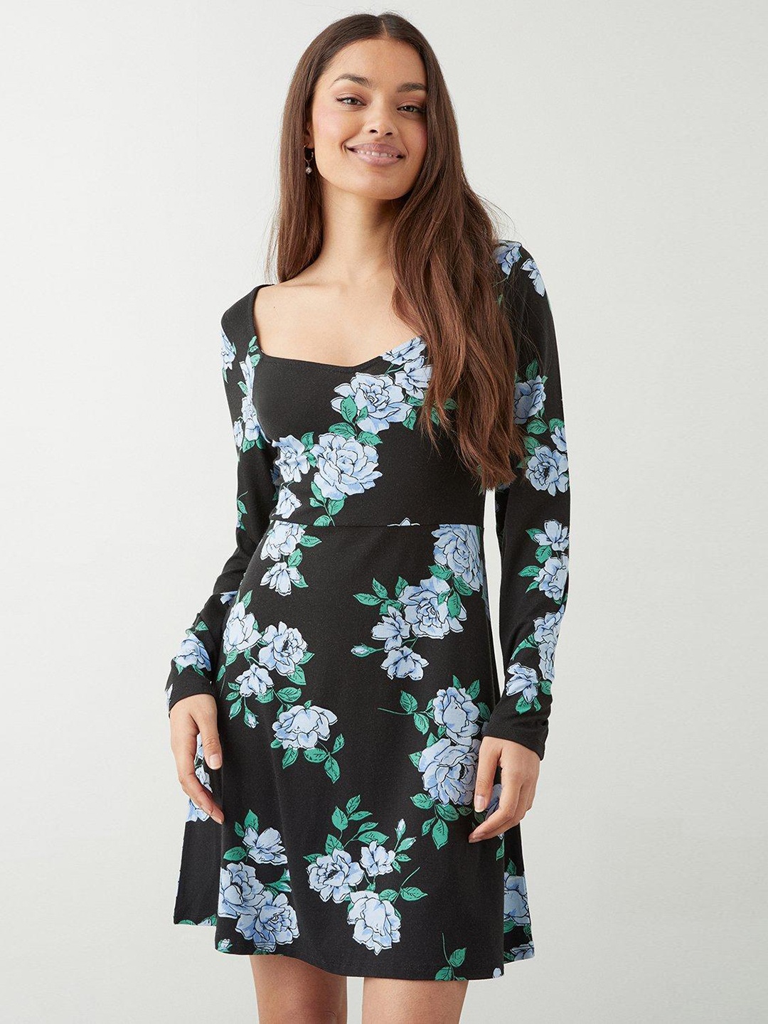 

DOROTHY PERKINS Petite Floral Sweetheart Neck A-Line Mini Dress, Black