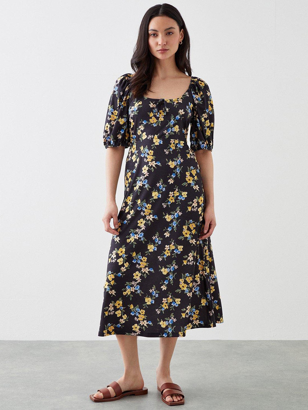 

DOROTHY PERKINS Petite Floral Print Square Neck A-Line Midi Dress, Black