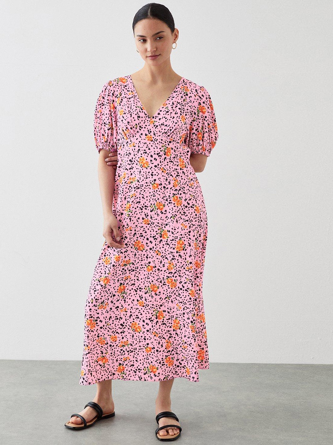 

DOROTHY PERKINS Petite Printed Puff Sleeves Empire Maxi Dress, Pink