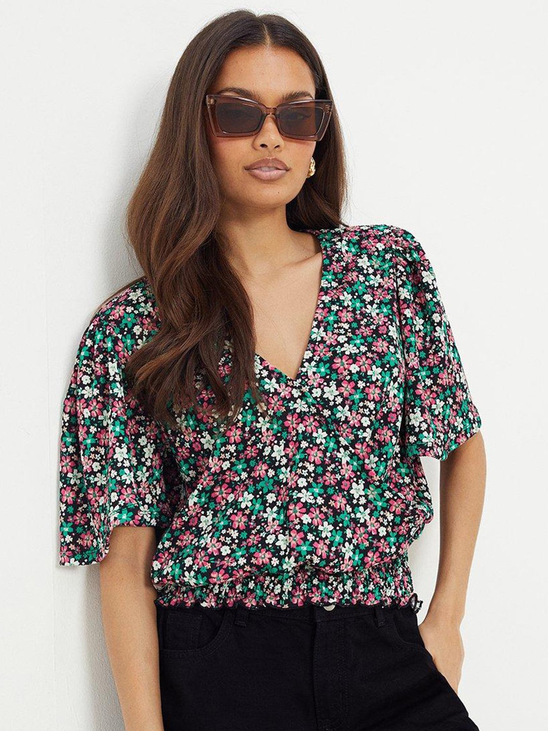 

DOROTHY PERKINS Petite Floral Print Smocked Blouson Top, Black