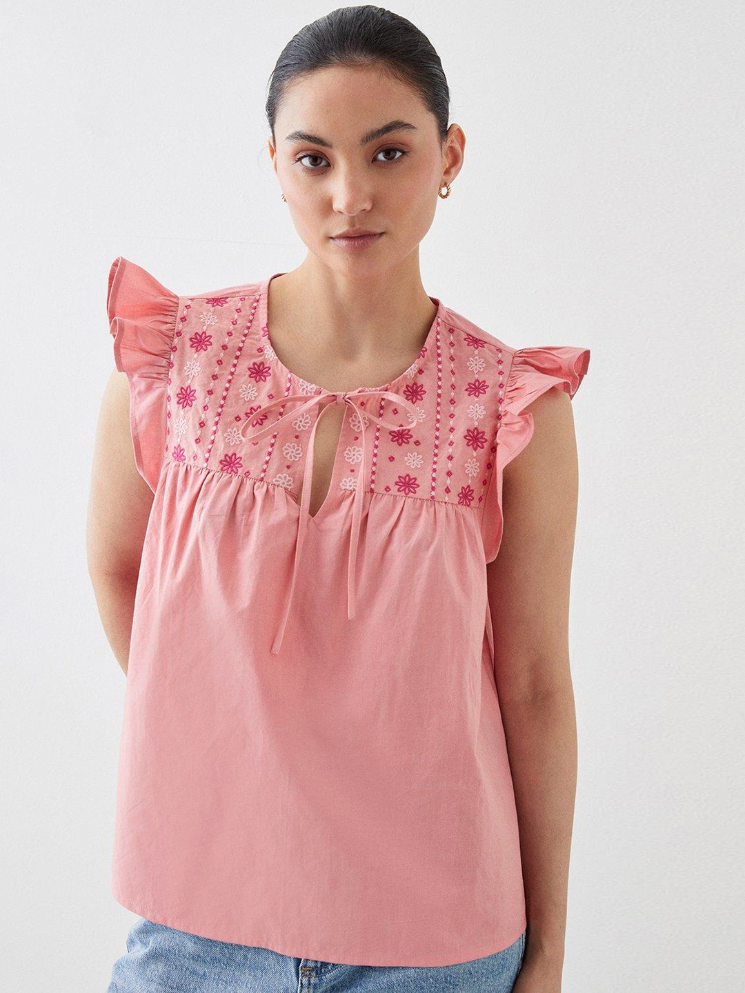 DOROTHY PERKINS Petite Floral Embroidered Tie-Up Neck Top, Pink