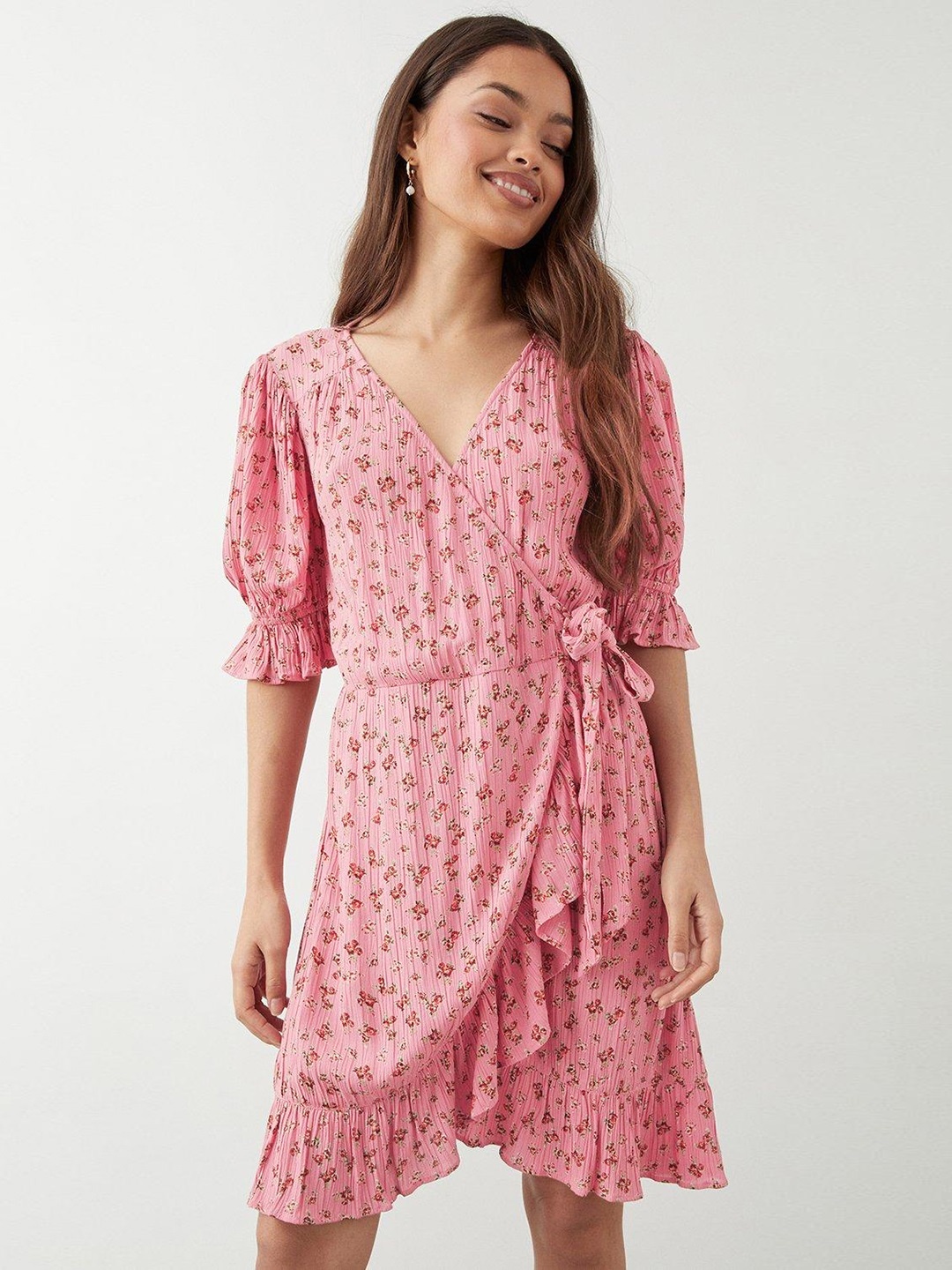 

DOROTHY PERKINS Petite Floral Print Puff Sleeves Ruffled Wrap Dress, Pink