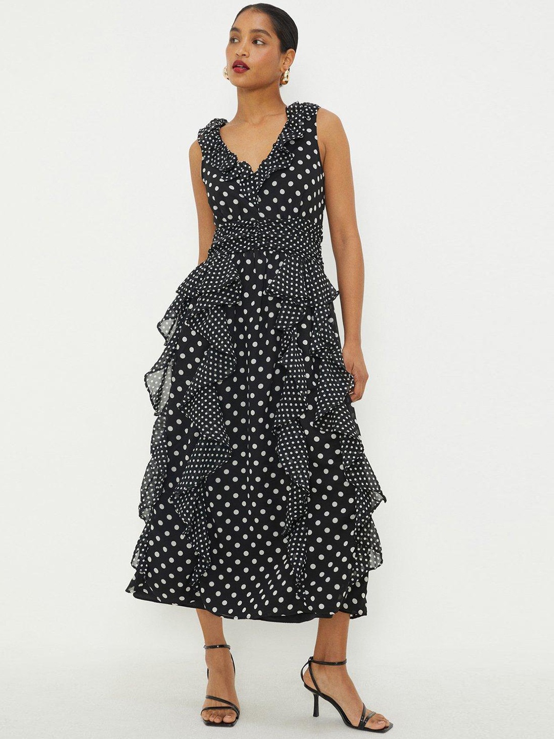 

DOROTHY PERKINS Polka Dot Print Ruffled A-Line Midi Dress, Black