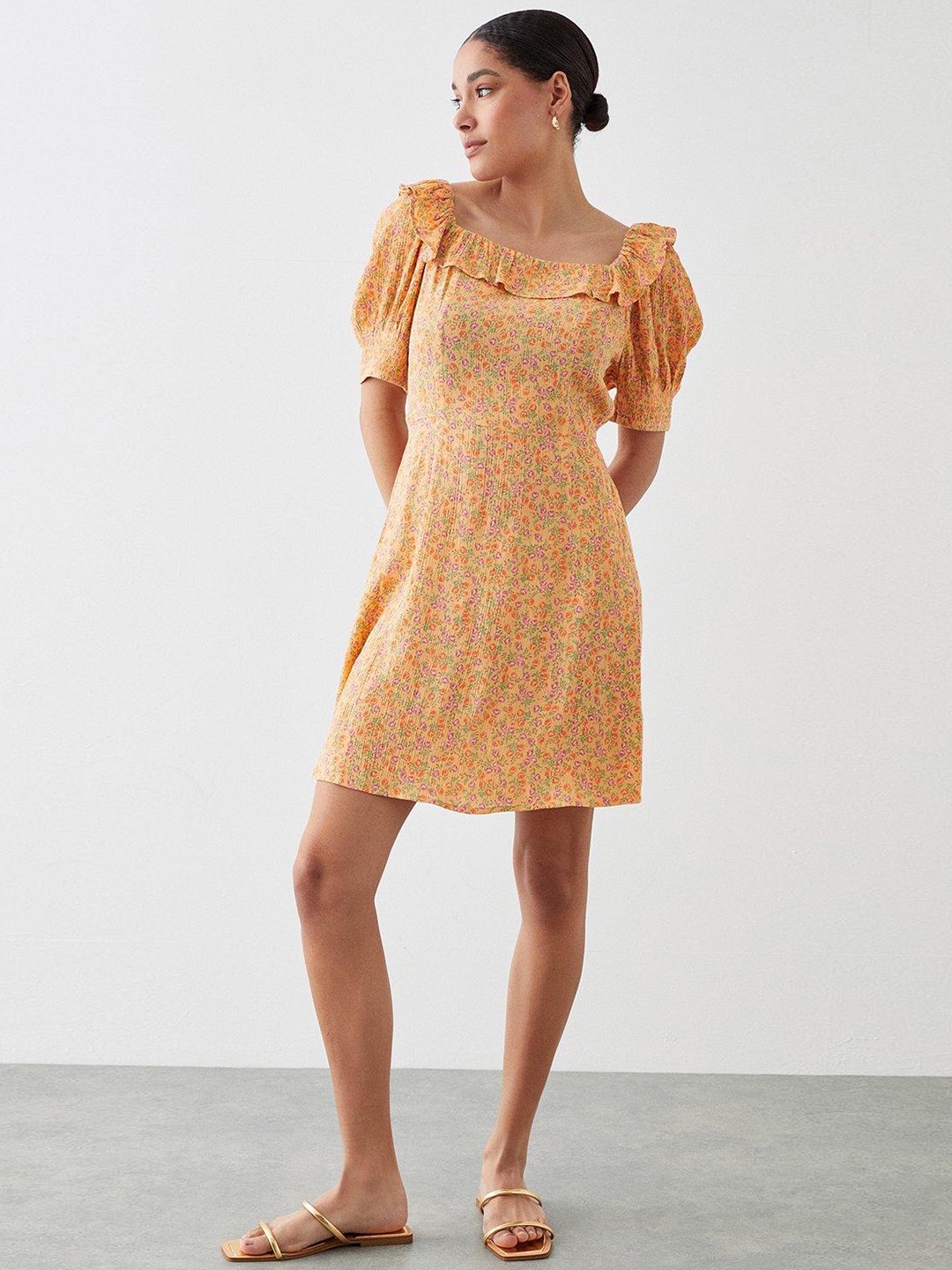 

DOROTHY PERKINS Floral Print Puff Sleeve Ruffled A-Line Dress, Mustard