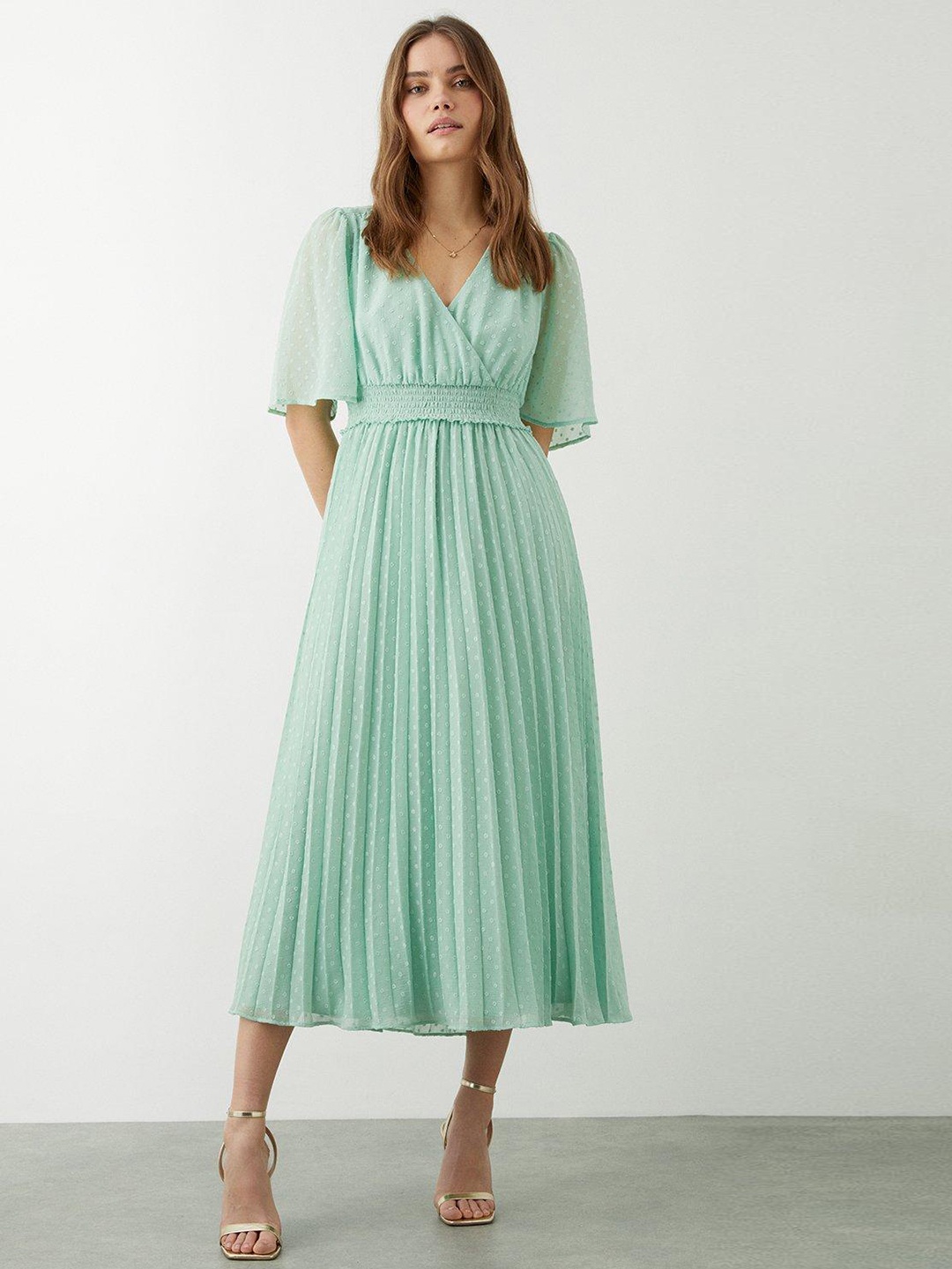 

DOROTHY PERKINS Flared Sleeve Dobby A-Line Midi Dress, Sea green