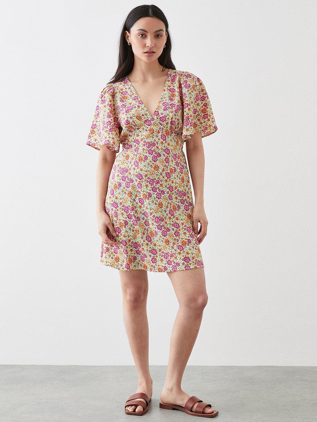 

DOROTHY PERKINS Petite Floral Print Flared Sleeves Empire Dress, Green