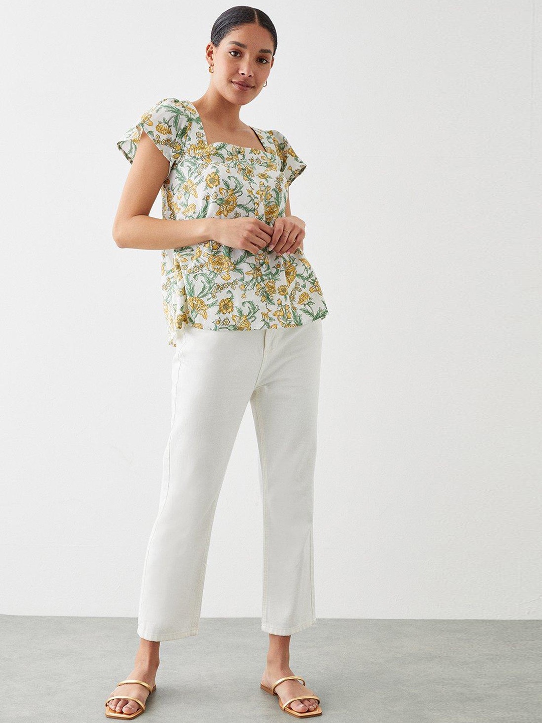 

DOROTHY PERKINS Cotton Linen Floral Print Top, White