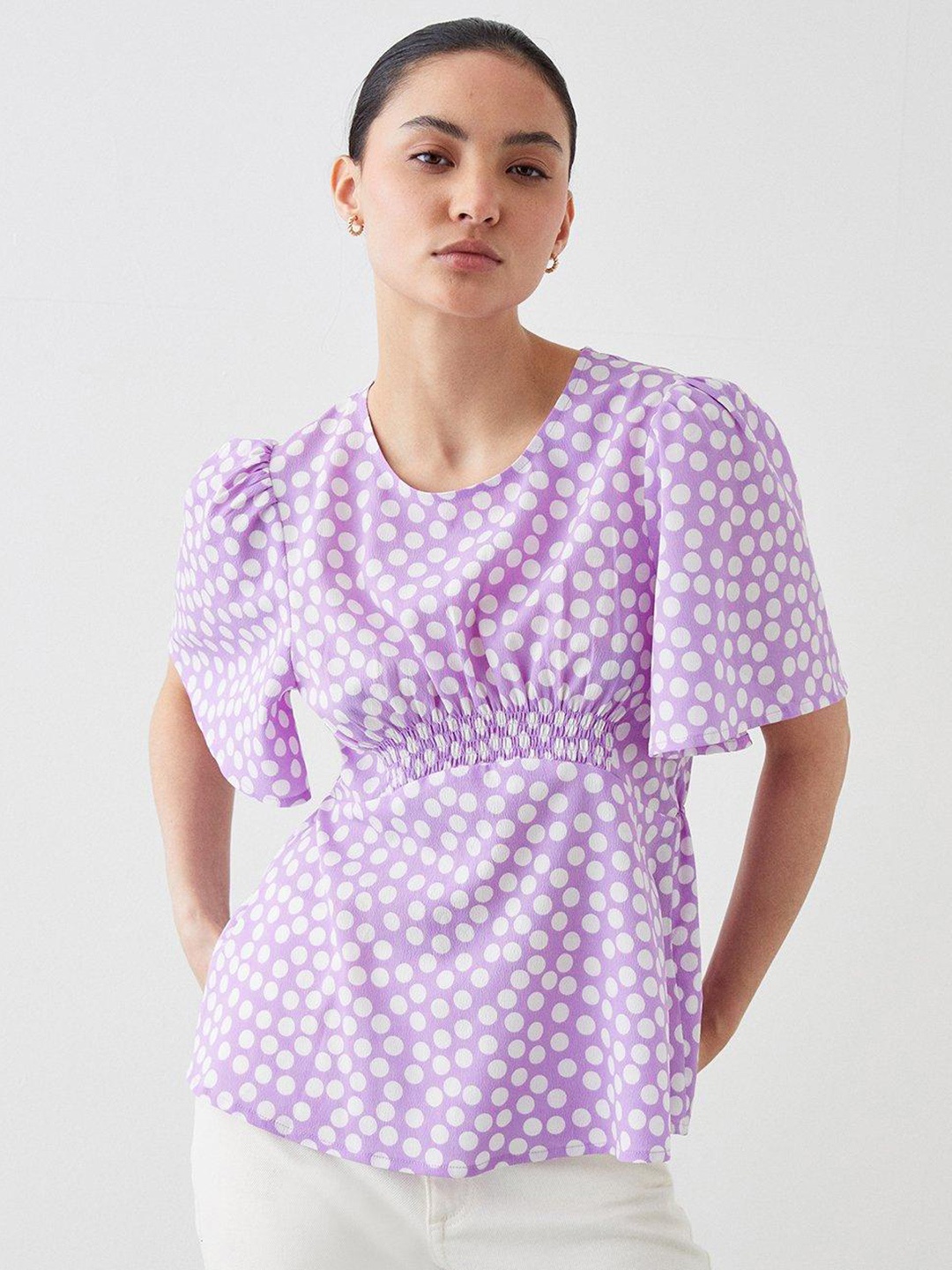 

DOROTHY PERKINS Petite Polka Dots Print Flared Sleeve Top, Lavender