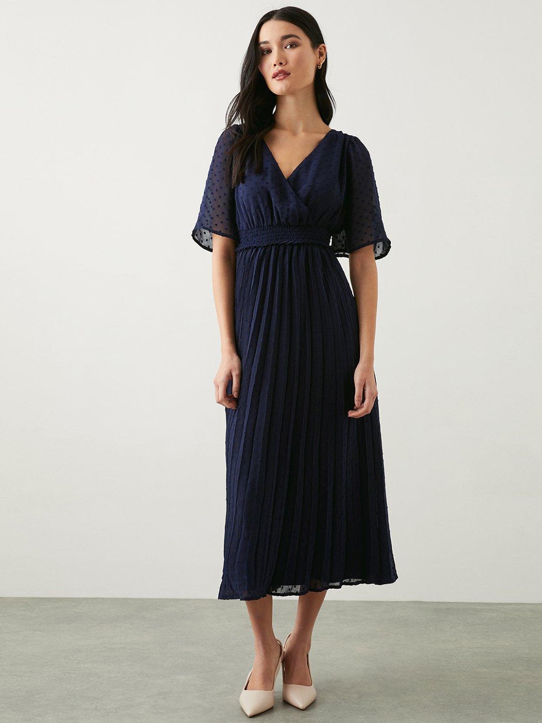 

DOROTHY PERKINS Flared Sleeve Dobby A-Line Midi Dress, Navy blue