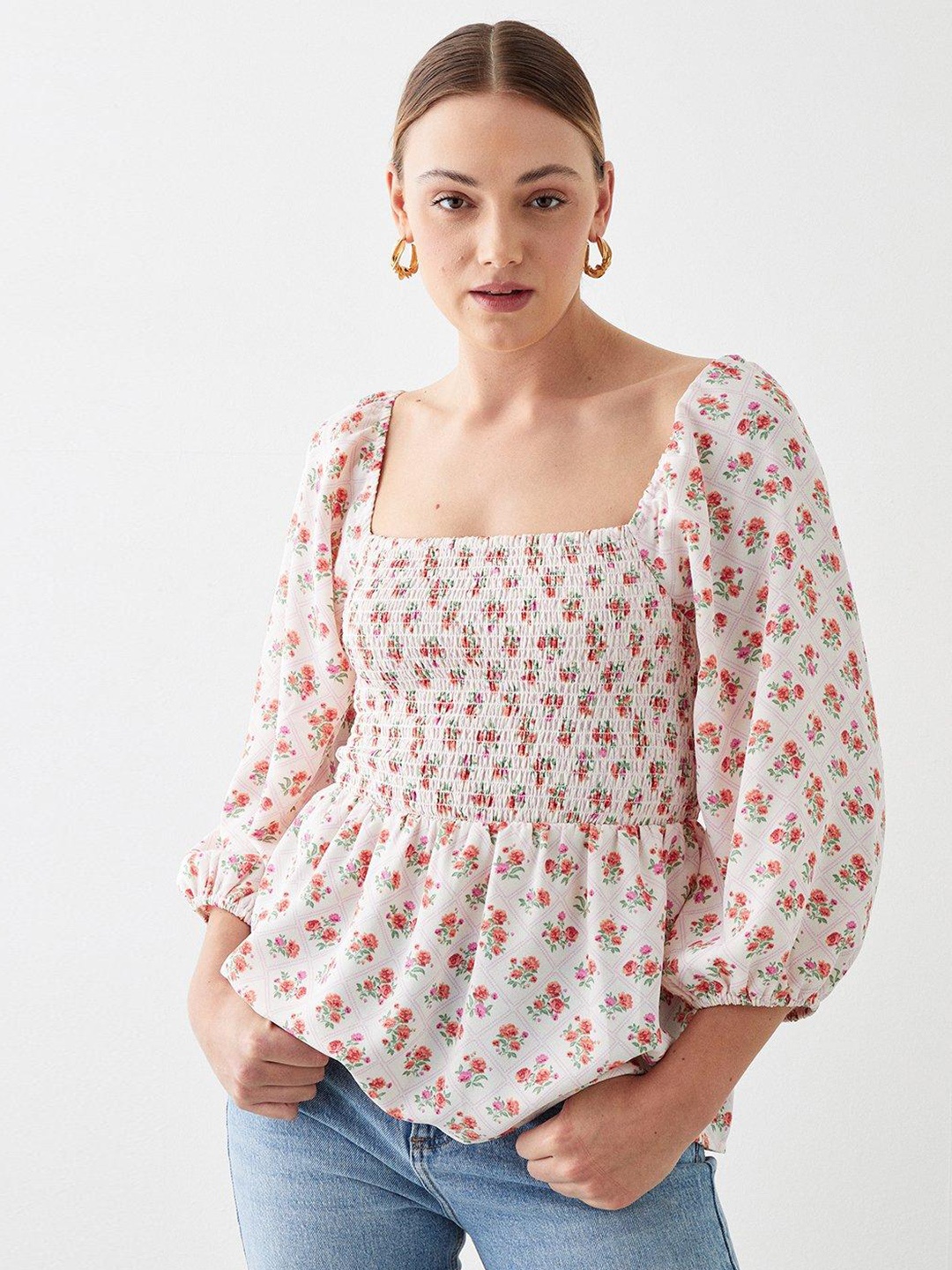 

DOROTHY PERKINS Floral Print Bishop Sleeves Smocked Peplum Top, Off white