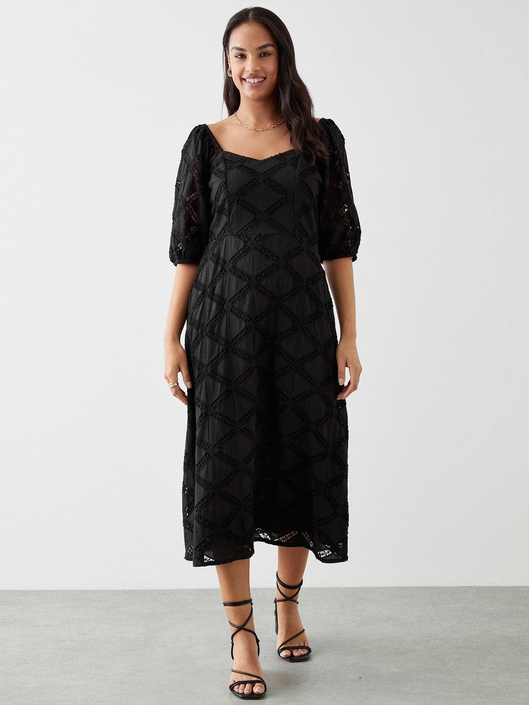 

DOROTHY PERKINS Embroidered Pure Cotton A-Line Midi Dress, Black