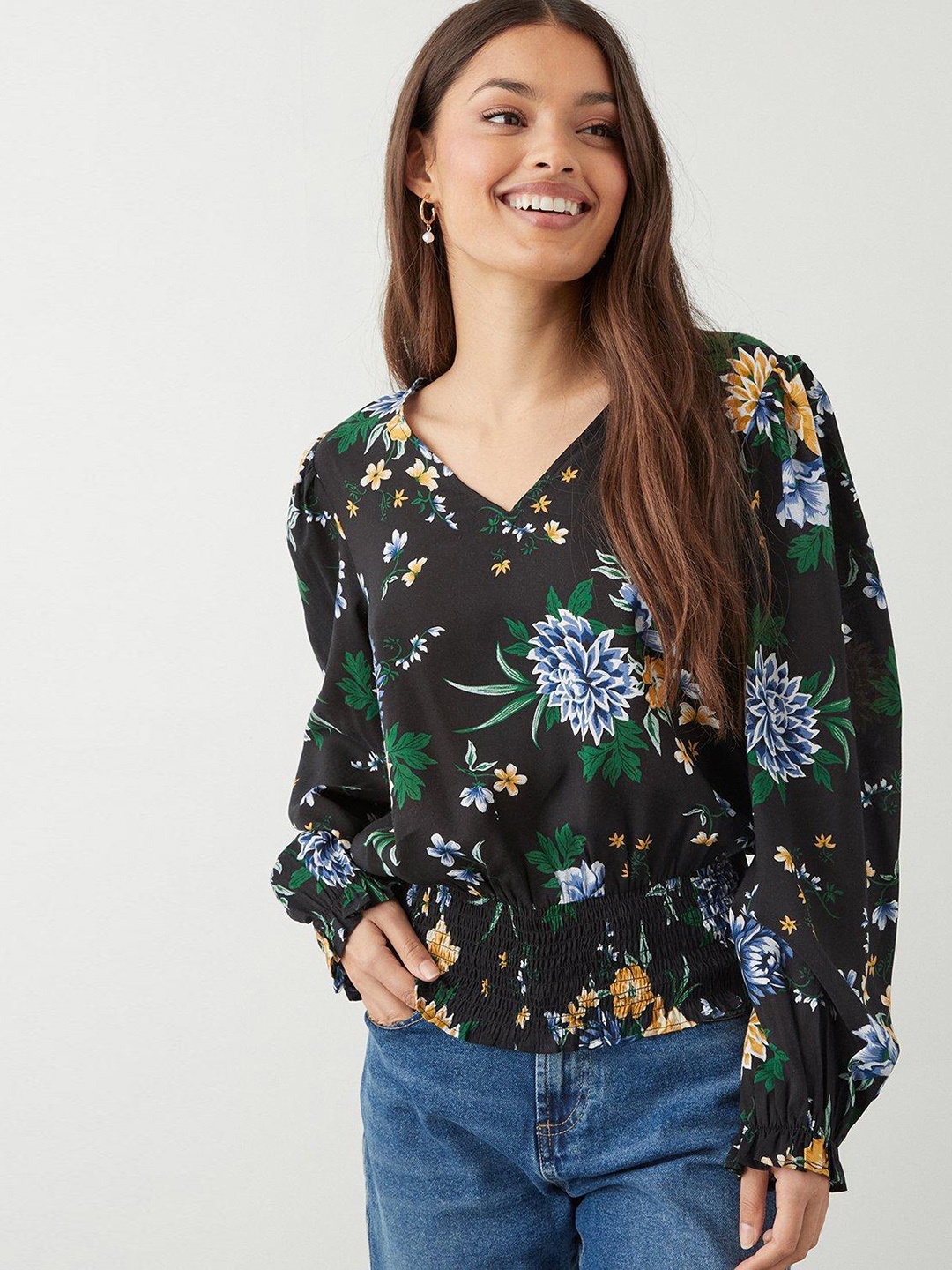 

DOROTHY PERKINS Petite Floral Print Blouson Top, Black