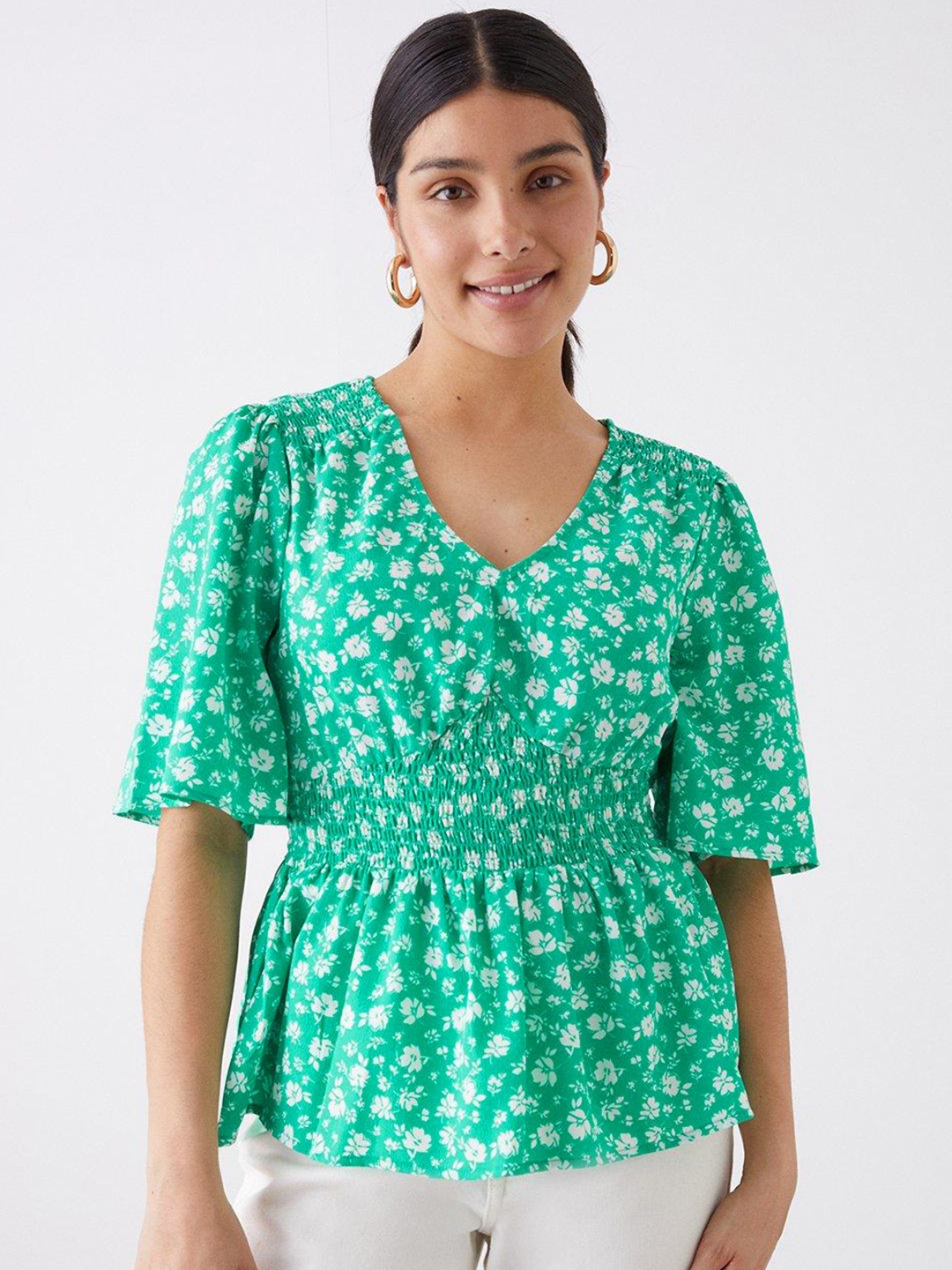 

DOROTHY PERKINS Floral Print Cinched Waist Top, Green