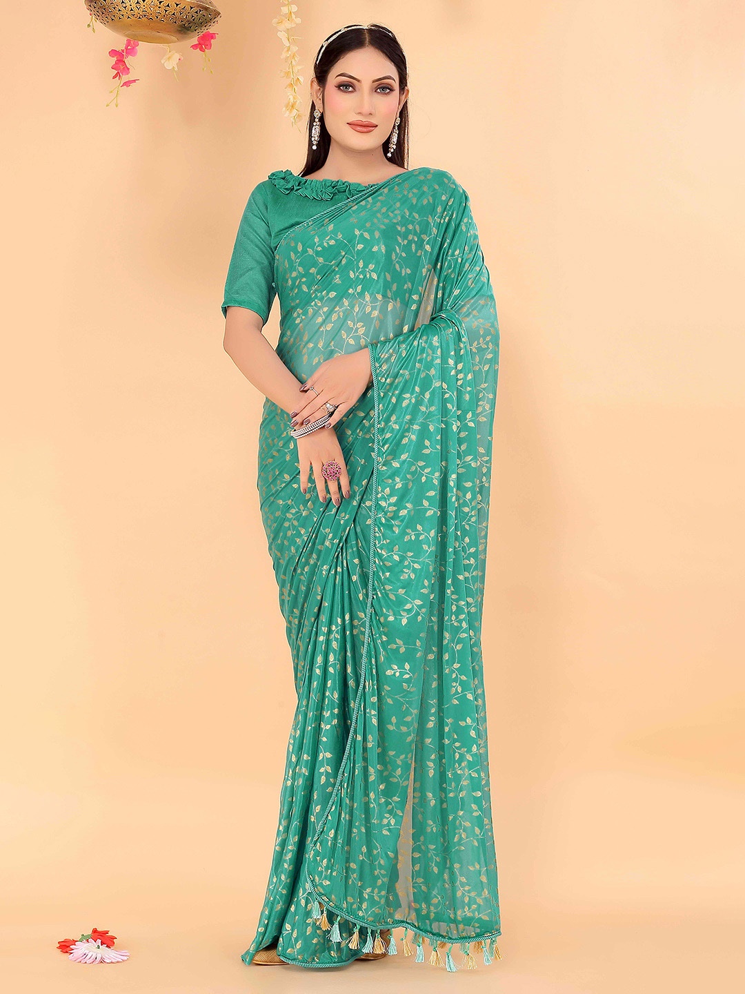 

KALINI Floral Printed Lycra Saree, Sea green