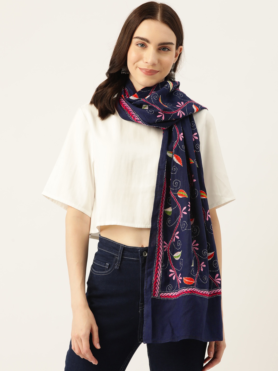 

ArtEastri Floral Embroidered Pure Cotton Stole, Navy blue