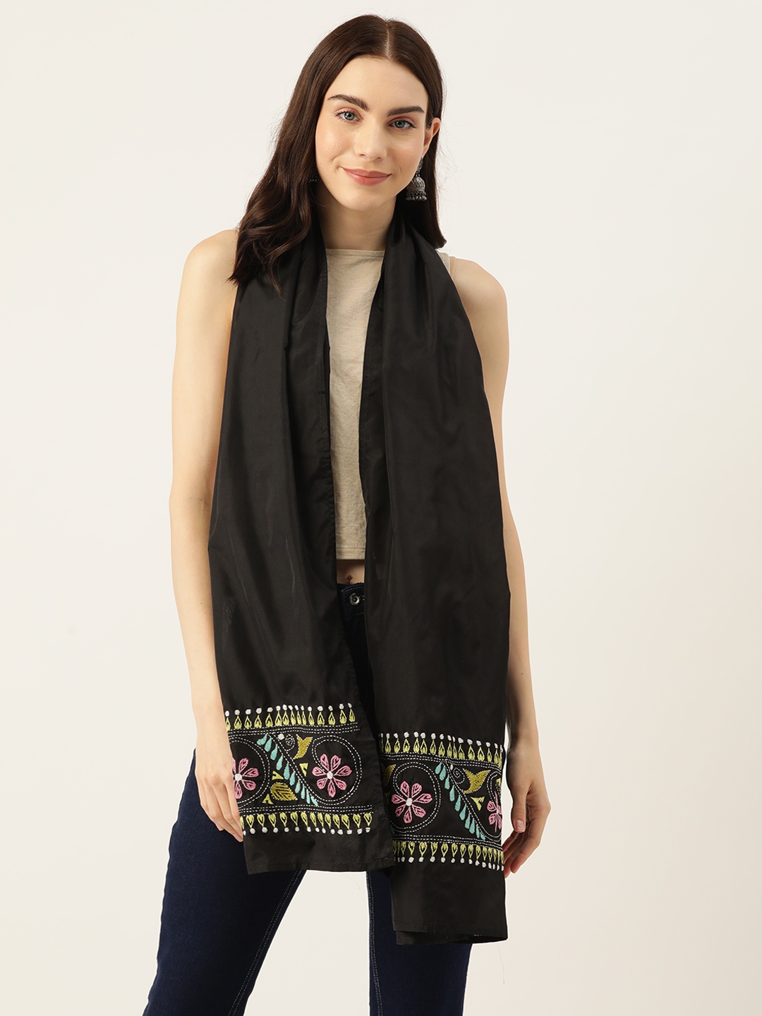 

ArtEastri Floral Embroidered Stole, Black