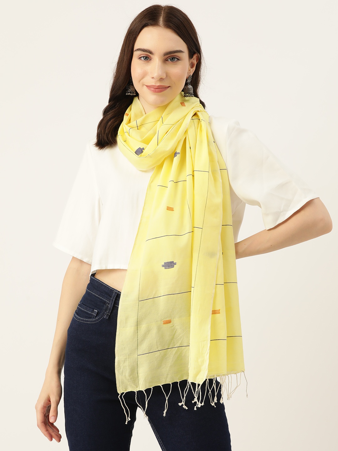 

ArtEastri Woven Design Pure Cotton Jamdani Stole, Yellow