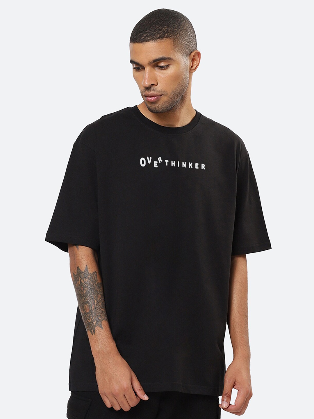 Mad Over Print Typography Printed Cotton Oversized T-shirt, Black