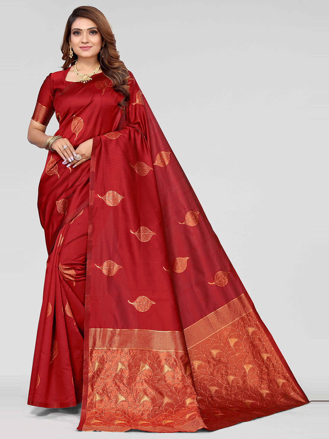 

MAGMINA Woven Design Zari Pure Silk Banarasi Saree, Red