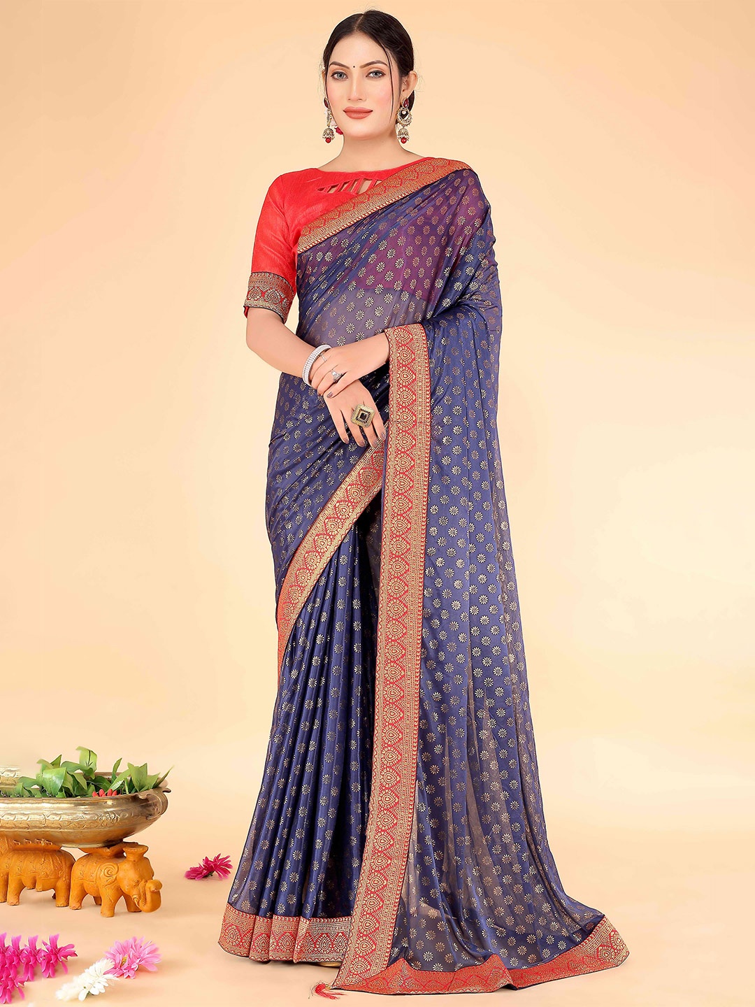 

SAADHVI Floral Printed Zari Saree, Navy blue