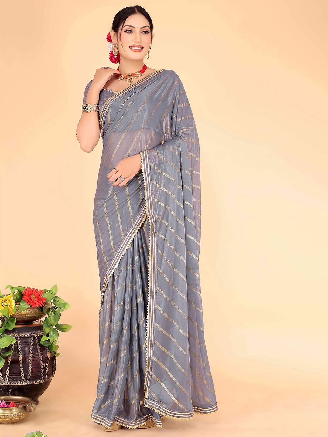 

SAADHVI Leheriya Gotta Patti Embellished Saree, Grey