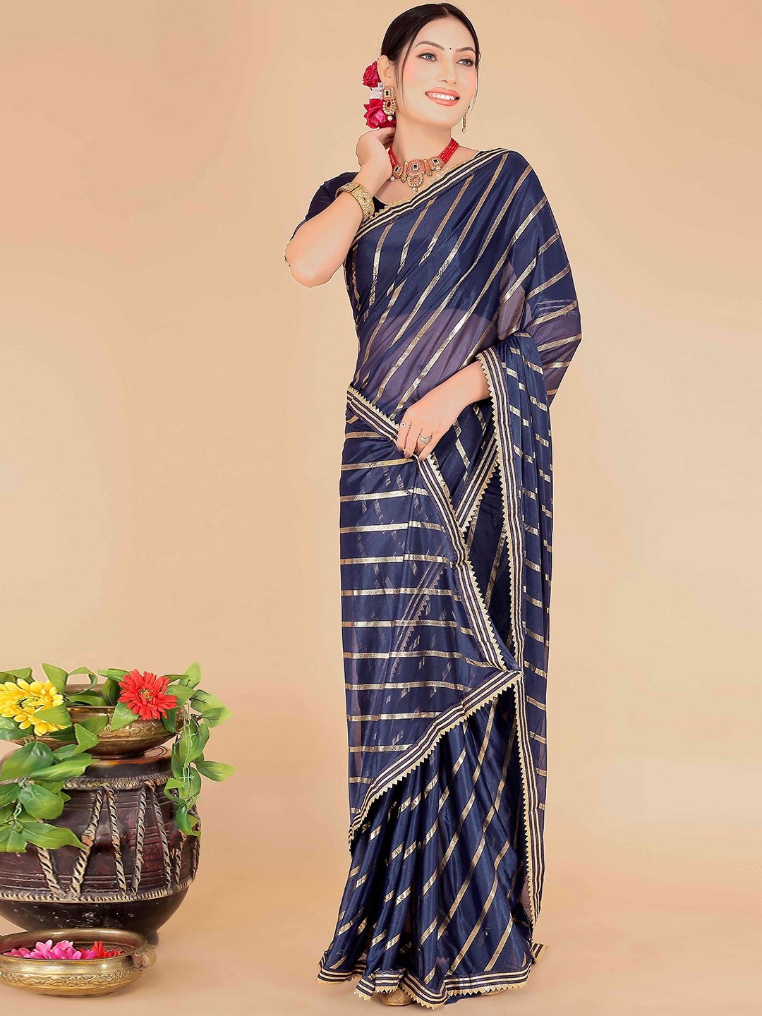 

SAADHVI Leheriya Gotta Patti Embellished Saree, Navy blue