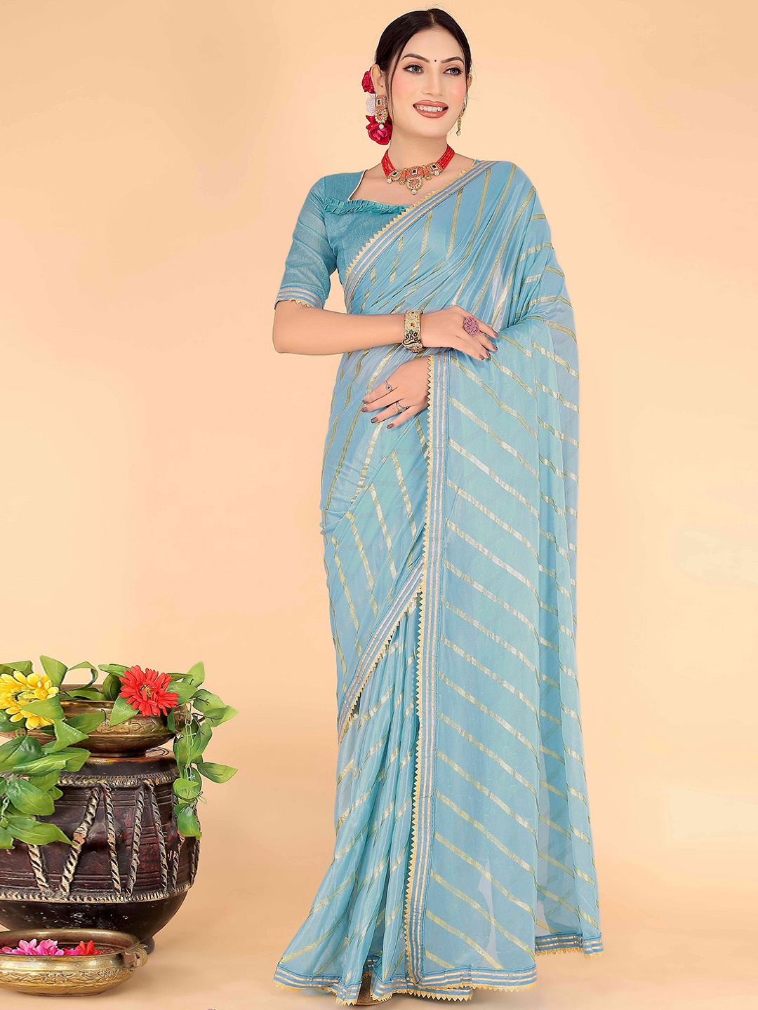 

SAADHVI Leheriya Gotta Patti Embellished Saree, Turquoise blue