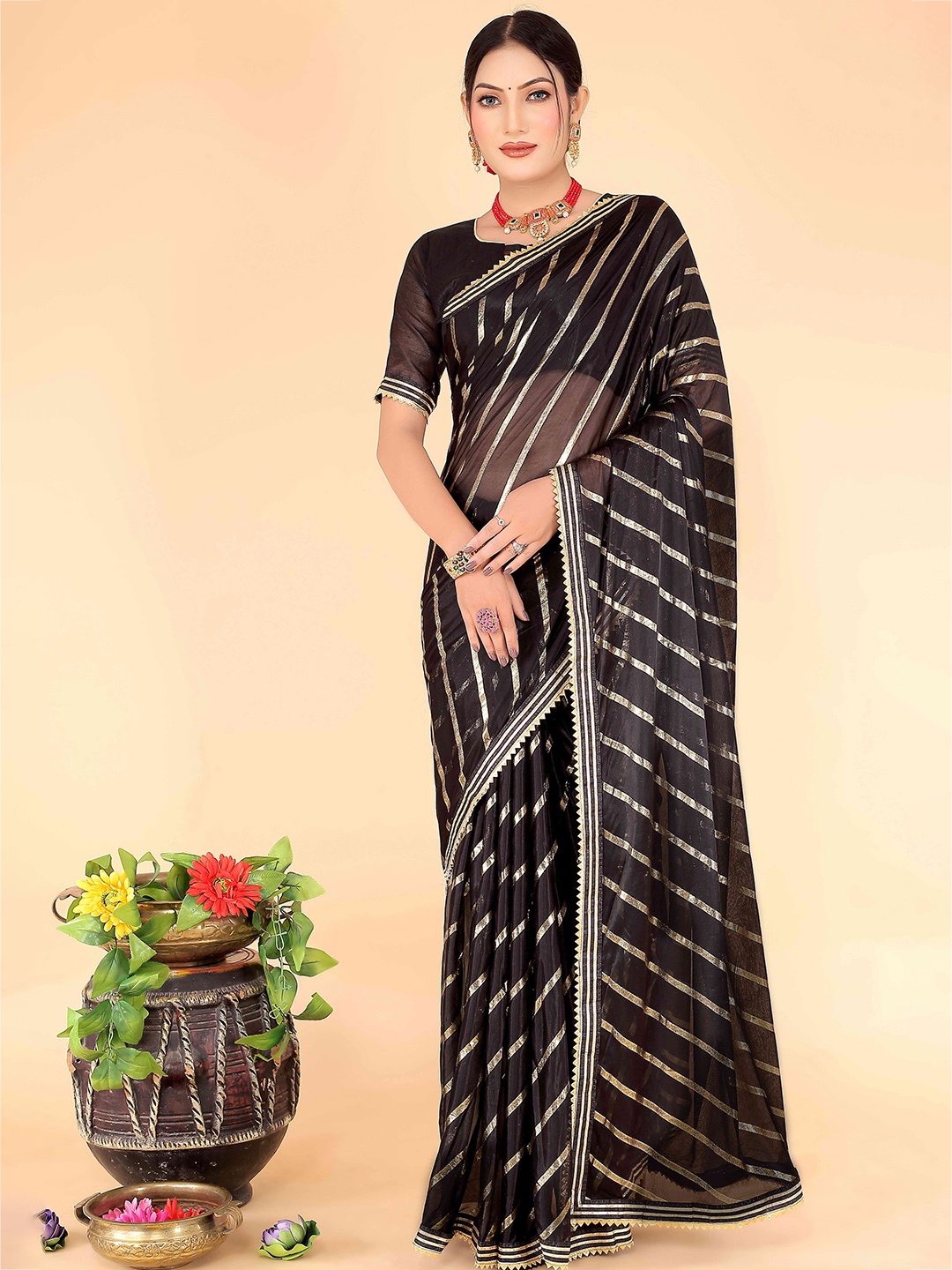 

SAADHVI Leheriya Gotta Patti Embellished Saree, Black