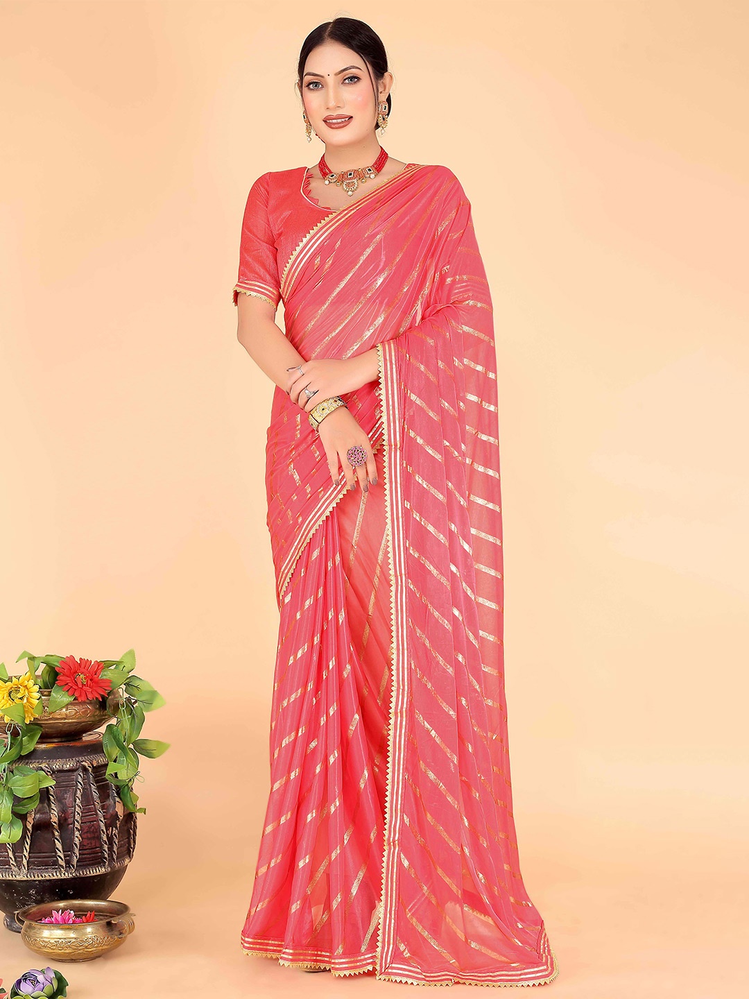 

SAADHVI Striped Gotta Patti Saree, Peach
