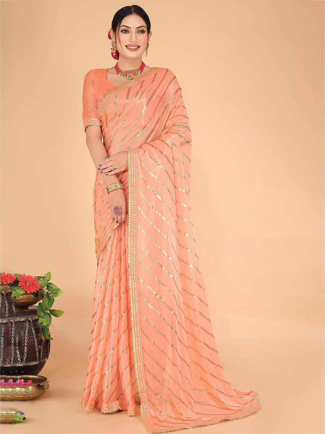

SAADHVI Striped Gotta Patti Saree, Orange