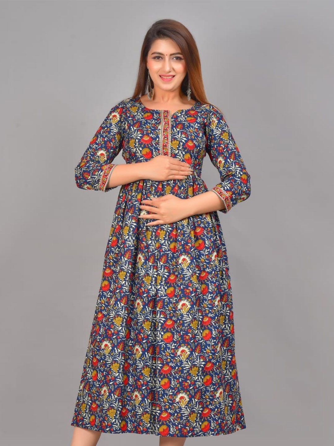 

UNIBLISS Floral Printed Cotton Maternity A-Line Midi Dress, Blue